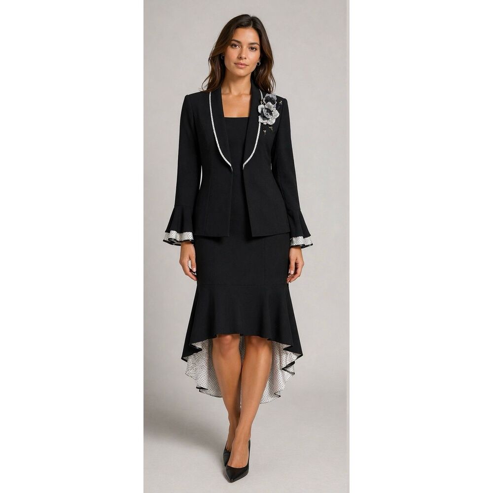 PROMISE New York Black Skirt Suit Size 12  Jacket Hi-Low Godet Skirt Floral Trim
